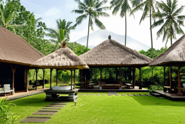 A traditional Balinese home with thatched roof, open-air pavilions, and a courtyard, integrated with a lush tropical landscape, symbolizing harmony with nature and culture.