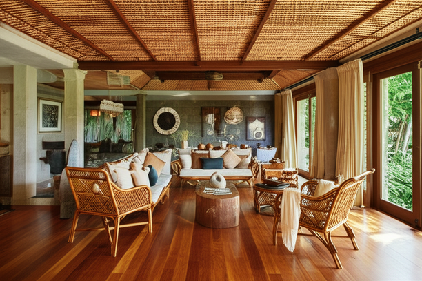 A beautiful Balinese home interior featuring teak wood flooring, bamboo ceiling, rattan furniture, and natural stone walls.