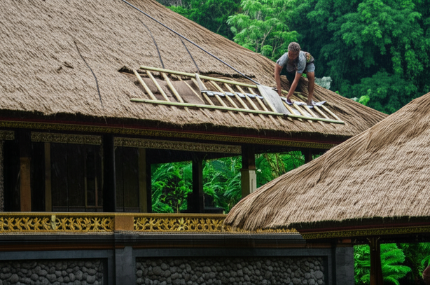 A Balinese craftsman repairing the roof of a traditional home, illustrating the importance of experience and specialization in home repair in Bali.
