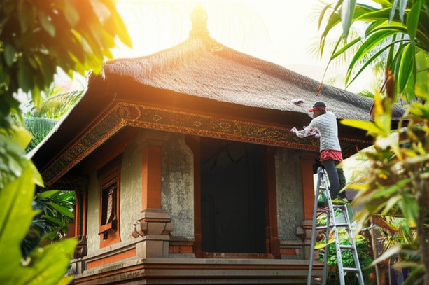 A Balinese house showing signs of wear from the tropical climate, with a worker performing repairs.