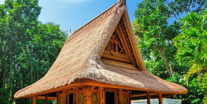 A traditional Balinese house with a steeply pitched alang-alang roof, showcasing the island's unique architectural style.