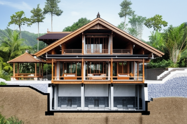 Architectural rendering of a Balinese house showcasing innovative construction solutions to address environmental challenges such as heavy rainfall, humidity, landslides, and termite infestation.