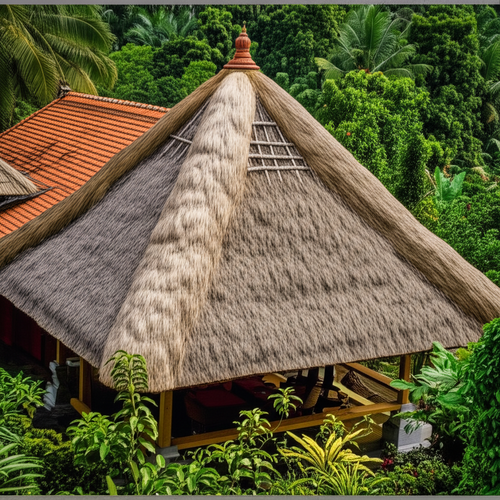 Illustration of a traditional Balinese house with a thatch roof, blending into a lush, tropical landscape.