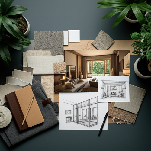 Concept board for a Balinese interior design, showcasing mood boards, sketches, and material samples.