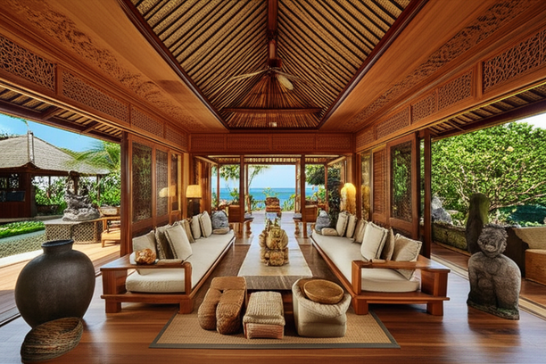 A serene Balinese interior design, blending traditional elements with modern comfort and a connection to nature.