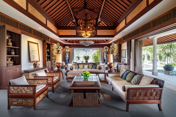 A beautifully designed Balinese interior, showcasing the blend of traditional craftsmanship and modern design.