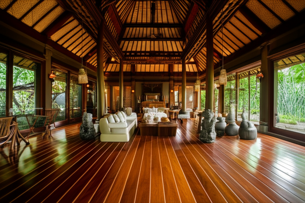 Balinese interior design featuring teak wood, bamboo, and stone, highlighting sustainable and eco-friendly practices.