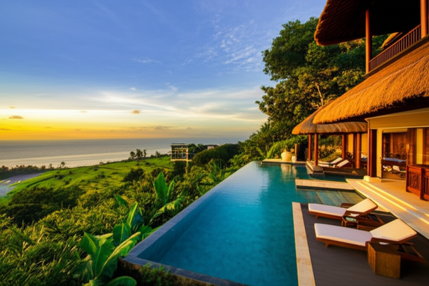 Luxurious Balinese villa with infinity pool overlooking tropical scenery at sunset, representing the construction opportunities in Bali.