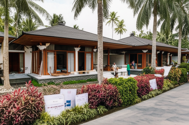 Architectural rendering of a modern Balinese new build development, showcasing integration with local culture and sustainable design.
