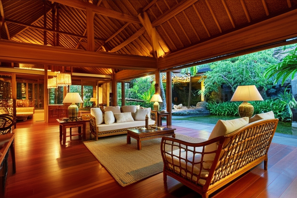 An illustration of a beautiful Bali interior design using local materials like teak and rattan.