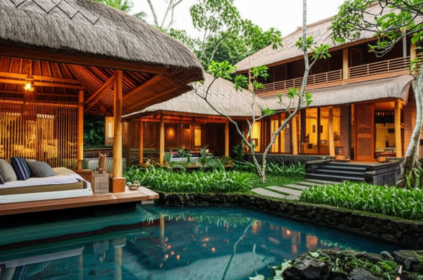 A luxury Balinese resort featuring traditional architecture and modern design, built with sustainable, local materials.