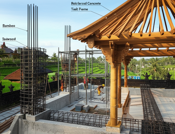 Illustration of various structural materials used in Balinese construction, including reinforced concrete, steel, teakwood, and bamboo.