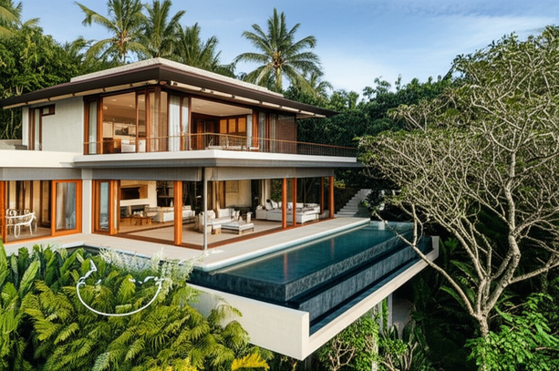 Architectural rendering of a modern Balinese villa, showcasing sustainable design and integration with the tropical environment.