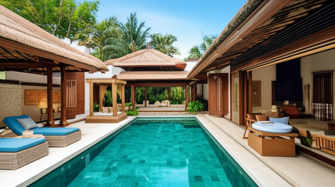 Architectural drawing showcasing a luxurious Balinese villa design with a swimming pool, lush landscaping, and traditional architectural details.