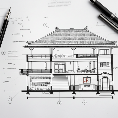 Architectural rendering of a Balinese villa, showcasing the design elements and adherence to building regulations.