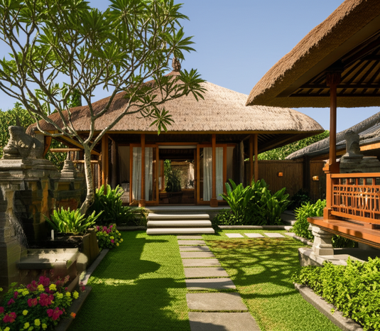 Architectural rendering of a Balinese villa showcasing traditional design principles, thatched roof, and lush tropical surroundings.