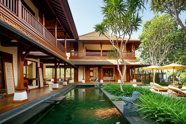 Architectural rendering of a Balinese villa showcasing traditional design elements and sustainable features.