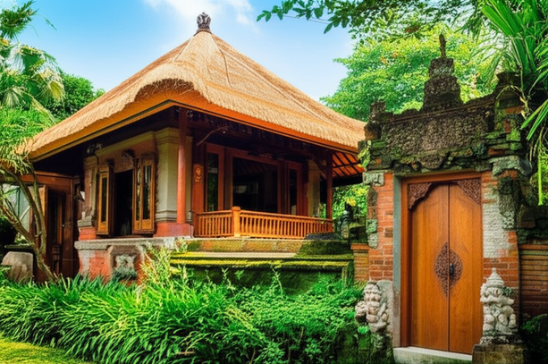 A Balinese villa with a thatched roof, surrounded by lush greenery, showcasing the use of natural materials like teak wood and stone.