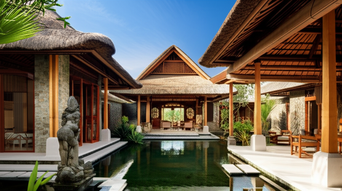 Architectural visualization of a modern Balinese villa blending traditional and contemporary design.