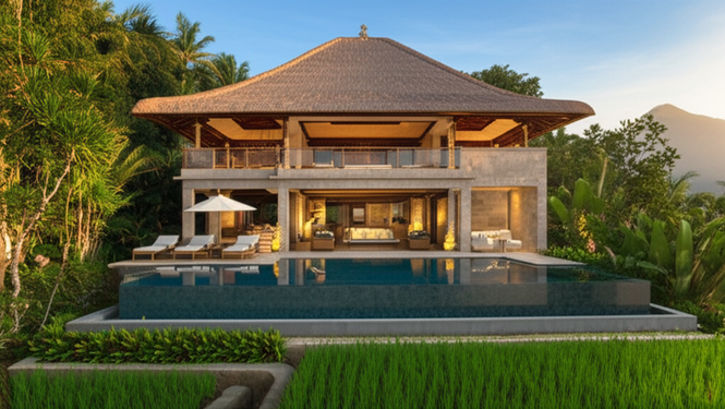 Luxurious Balinese villa showcasing traditional and modern architectural elements, integrated with nature.