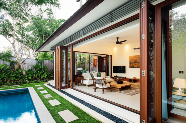 A modern Balinese villa with open bi-fold doors showcasing indoor-outdoor living and connection to the lush tropical garden and swimming pool