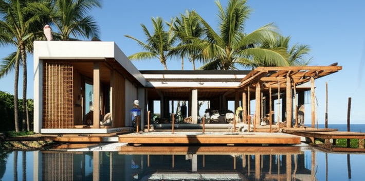 Architectural rendering of a Balinese villa under construction, showcasing the building process and the integration with the tropical environment.
