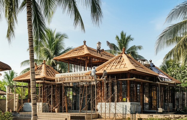 Construction of a modern Balinese villa, showcasing sustainable building practices and traditional architectural elements.