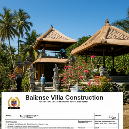 Architectural rendering of a Balinese villa under construction, showcasing traditional architectural elements and the natural surroundings.