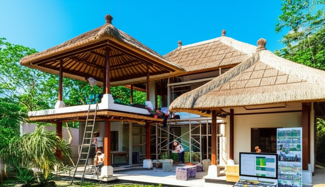 Architectural rendering of a Balinese villa under construction, showcasing integrated project management and financial transparency.