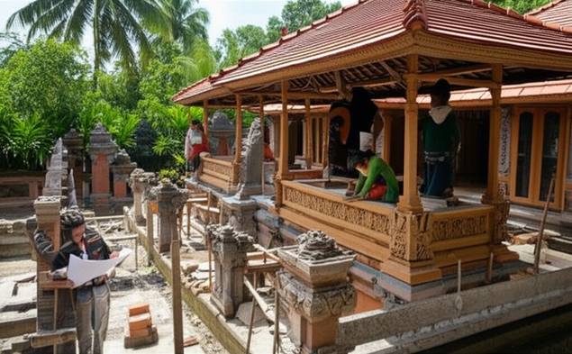 Illustration of a Balinese villa under construction, showcasing various stages of the build process and skilled local workers.