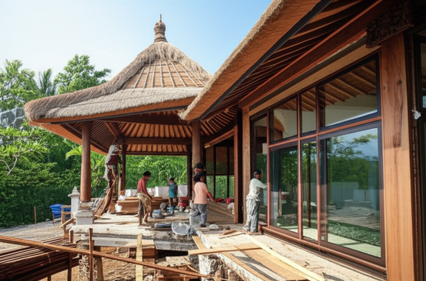 Construction of a luxurious Balinese villa, showcasing traditional architectural elements and modern design.