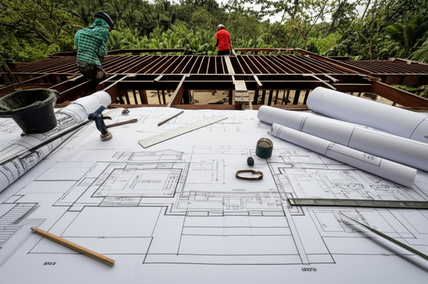 Architectural drawing of a Balinese villa construction site, showcasing architectural plans and construction elements.