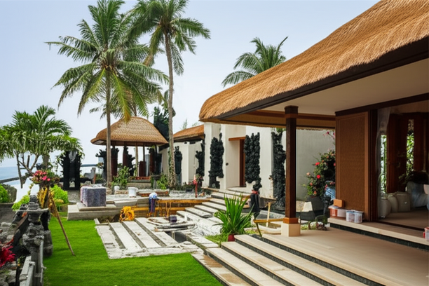 A modern Balinese villa under construction, showcasing the blend of modern design and traditional architectural elements.