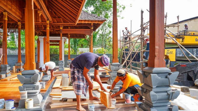 Illustration of a Balinese villa under construction, showcasing traditional craftsmanship alongside modern building techniques.