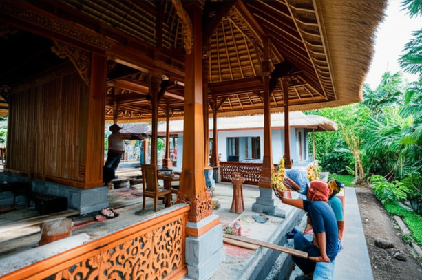 Illustration of a Balinese villa under construction, highlighting cultural sensitivity and integration of traditional Balinese design elements.