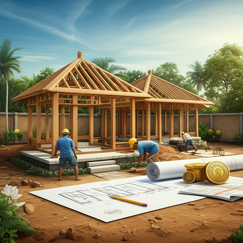 Illustration of a Balinese villa construction project highlighting budget considerations, materials, and stages of construction.