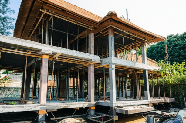 A modern Balinese villa under construction, showcasing the fusion of traditional Balinese architecture and modern construction techniques.