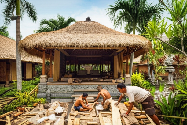 Illustration of a Balinese villa under construction, showcasing traditional materials like thatch, bamboo, and local stone, with artisans at work, highlighting sustainable construction practices.