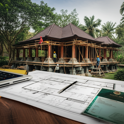 Architectural drawing and site of a Balinese villa under construction, showing the permit and documents required.