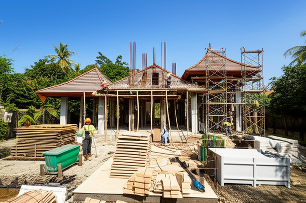 Architectural rendering of a Balinese villa under construction, showcasing regulatory compliance and sustainable building practices.