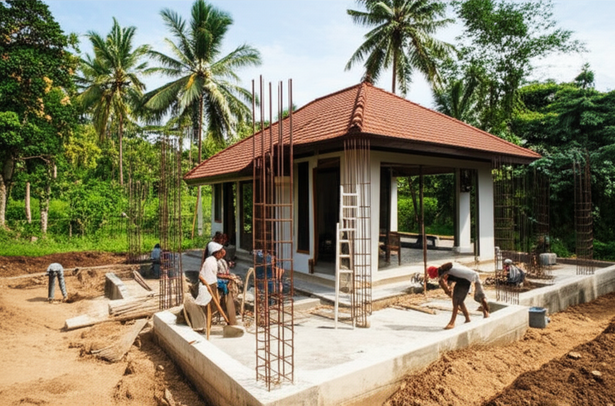 Illustration of the construction phases of a Balinese villa, showing site preparation, foundation, structural, rough-in, enclosure, and finishing stages.