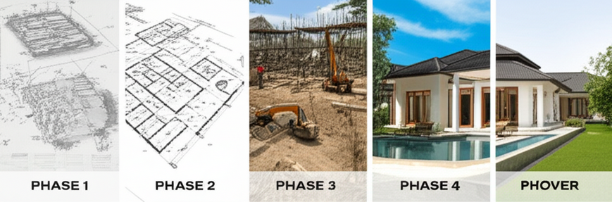 Phased construction process of a Balinese villa, from initial concept to handover.