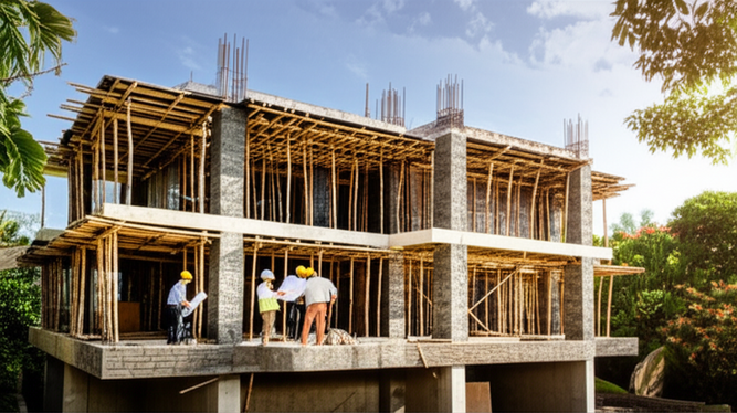 A modern Balinese villa under construction, highlighting adherence to local regulations and sustainable building practices.