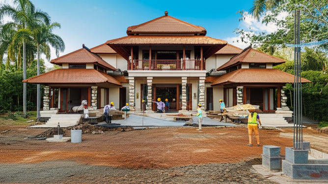Illustration depicting the stages of Balinese villa construction, from site preparation to finishing touches.