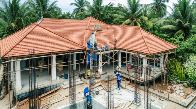 Architectural rendering of a Balinese villa under construction, showcasing various stages from foundation to roofing and utilities.