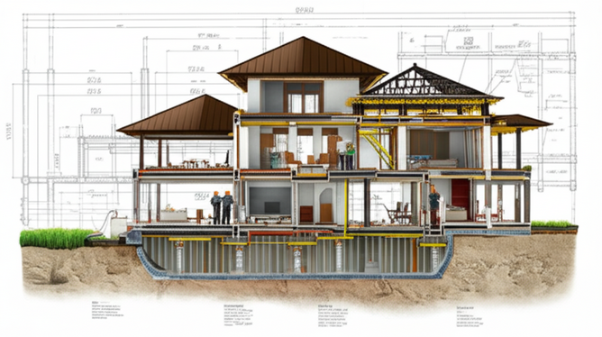 Illustration showing the different stages of Balinese villa construction, including earthworks, foundation, structural framing, roofing, MEP installations, and interior fittings.