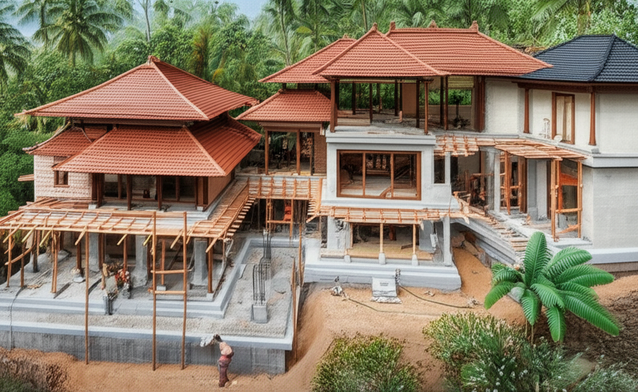 Illustration showing the different stages of Balinese villa construction, from site preparation to roofing.