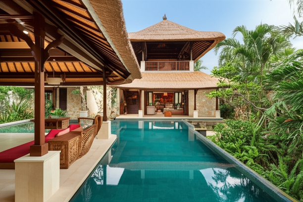 Architectural rendering of a Balinese villa with open-plan living, natural ventilation, and sustainable design features.