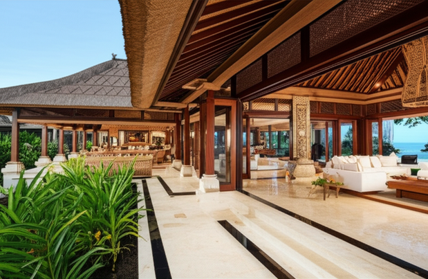 A luxury Balinese villa showcasing traditional architecture with modern design elements, open plan living, and lush tropical landscaping.