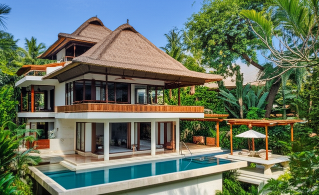 Architectural rendering of a Balinese villa respecting the 15-meter height limit and integrating Balinese architectural elements.